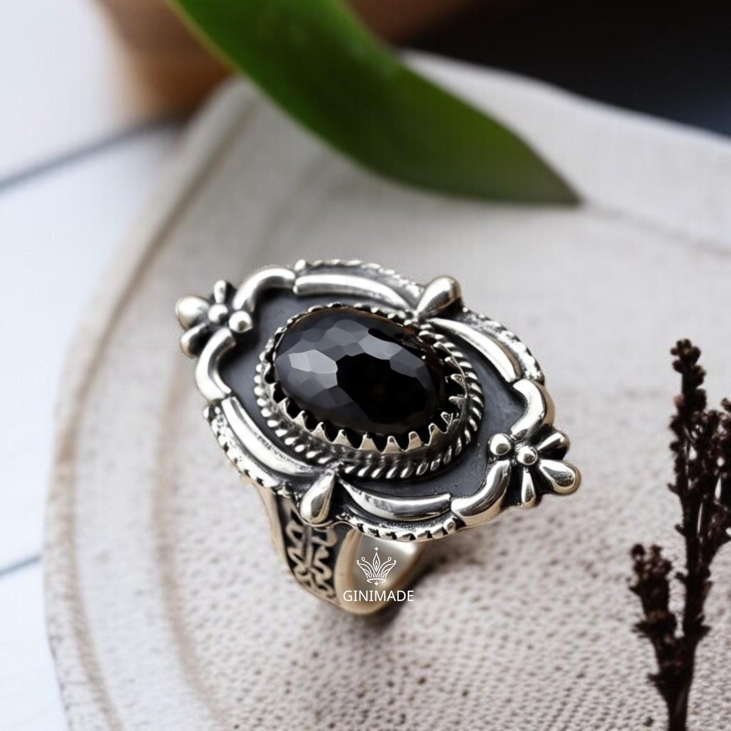 Black Onyx Ring 925 Sterling Silver • Vintage Boho  Ring • Gothic Oval Gemstone Jewelry • Handmade Oxidized Silver Ring for Women & Men.