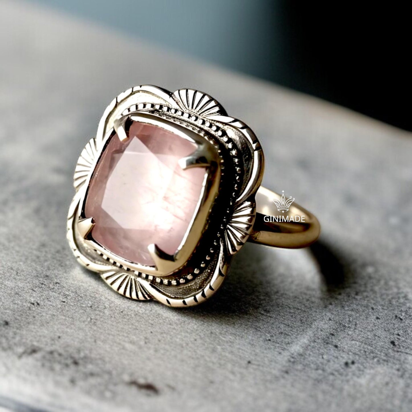 925 Sterling Silver Rose Quartz Ring • Boho Cushion Cut Pink Gem, Gift for Her
