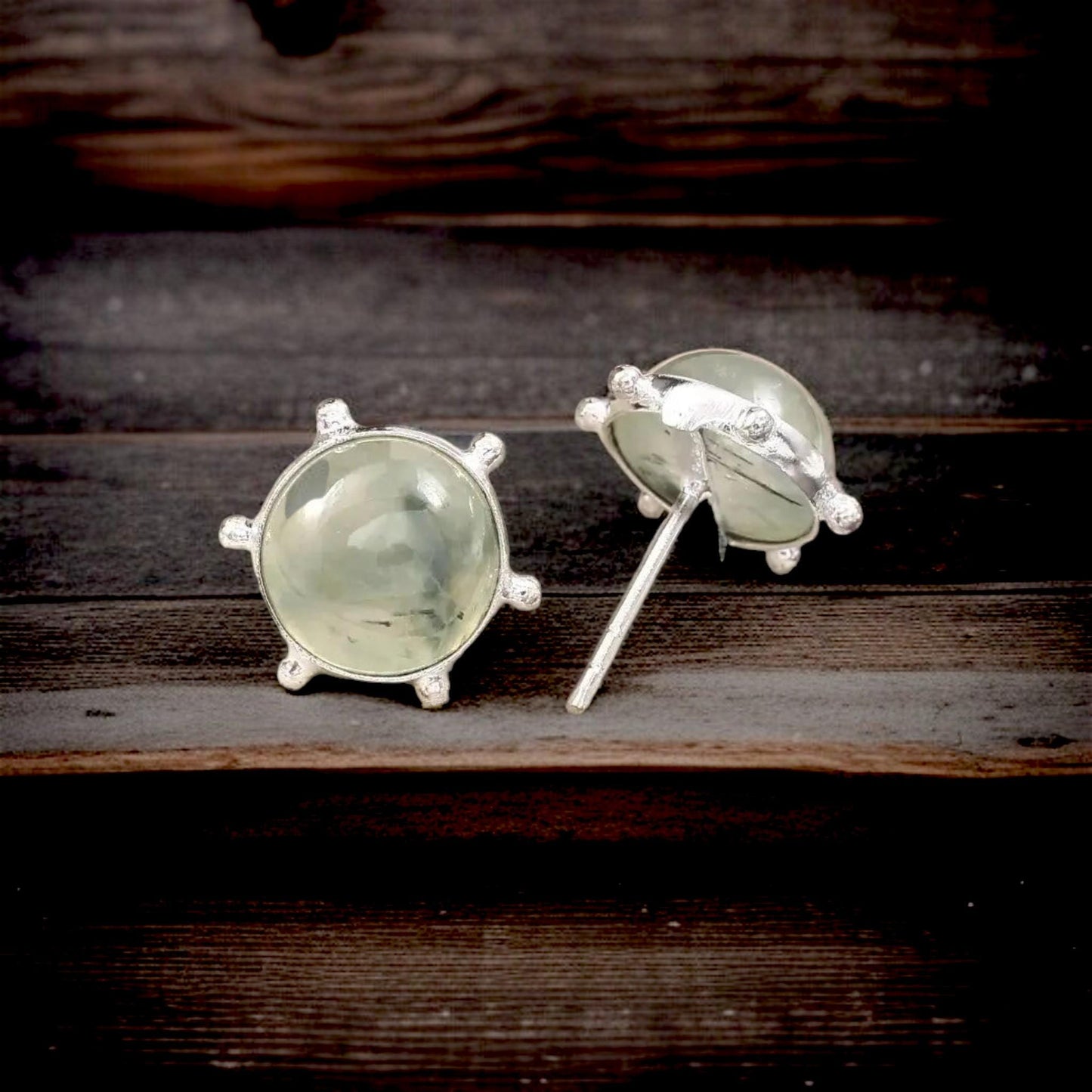 Moss Agate Brass Stud Earrings – Round Cabochon Silver Finish Earrings – Handmade Minimalist Gemstone Jewelry Gift for Her