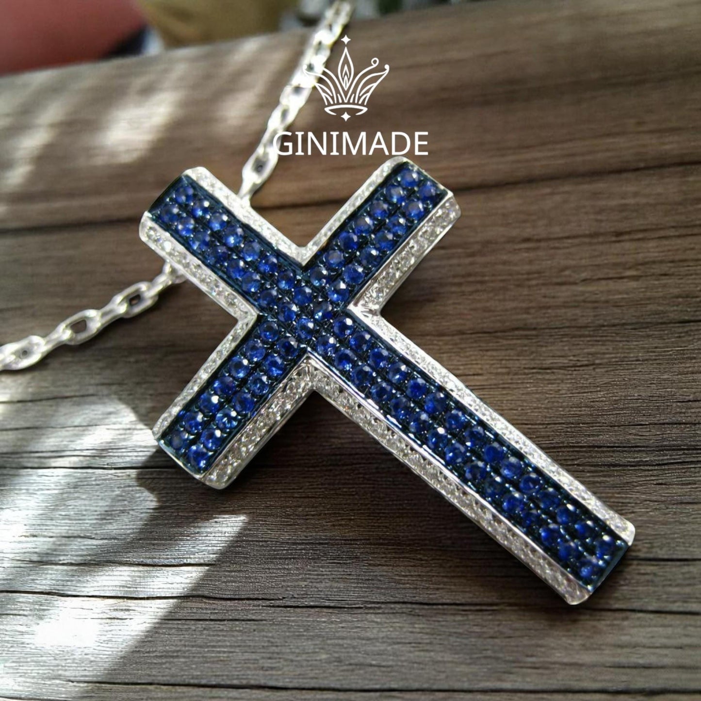 Blue and White Diamond Cross Necklace  925 Sterling Silver  Unisex Religious Pendant fathers day gift.