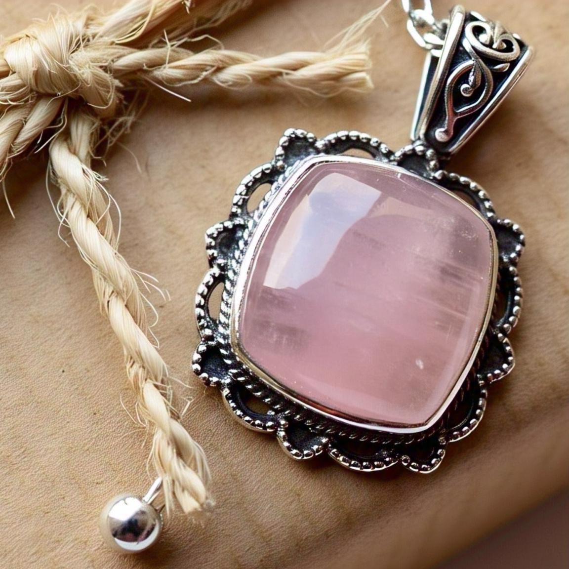 Rose Quartz Pendant Necklace, Boho Chic Jewelry, Sterling Silver, Gift for Her.