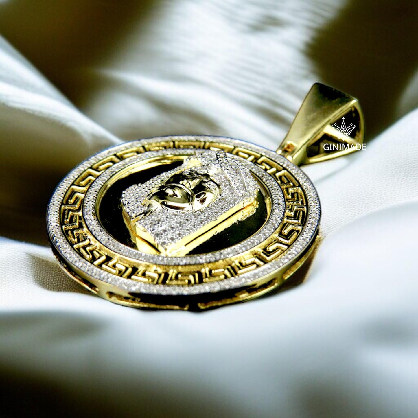 Gold Jesus Face Medallion Pendant – Iced Out CZ Religious Necklace – Hip Hop Bling Jesus Charm – Greek Key Border – Statement Faith Jewelry