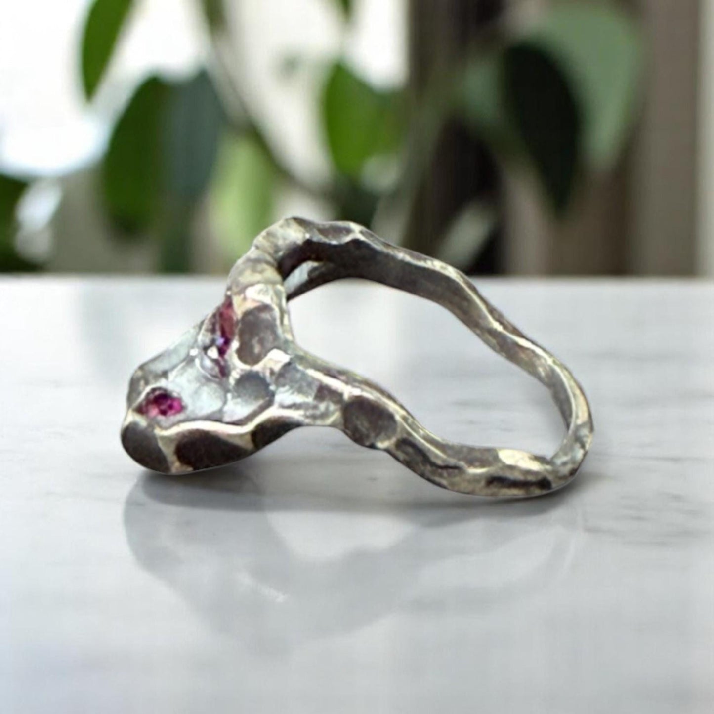 Handcrafted 925 Silver Crater Ring with CZ Ruby – Raw Textured Statement Ring, Unique Artisan Jewelry