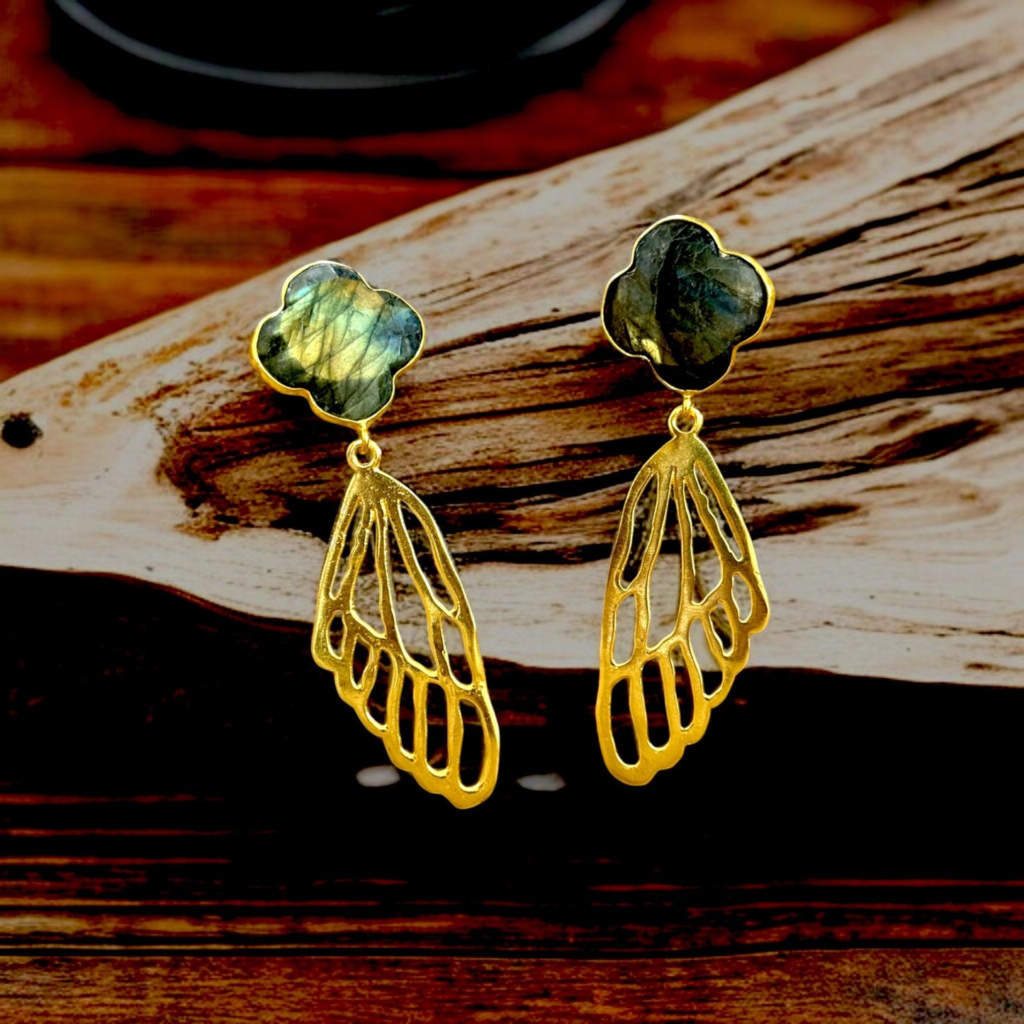 Labradorite Brass Butterfly Wing Earrings – Handmade Gold Plated Statement Dangle Earrings – Nature Inspired Boho Jewelry Gift for Her.