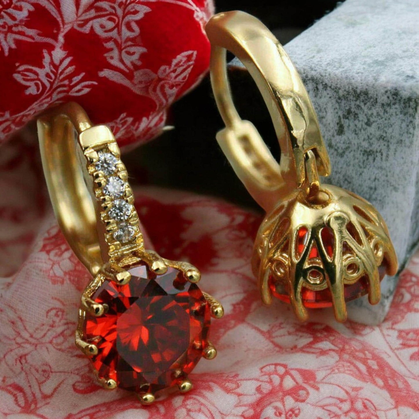 Elegant Women's Hoop Earrings with Dark Red & White CZ Crystals | 925 Sterling Silver, 18ct Gold Filled | Valentine's Day Gift for her.