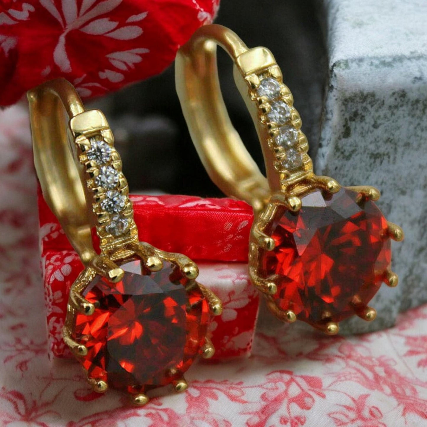 Elegant Women's Hoop Earrings with Dark Red & White CZ Crystals | 925 Sterling Silver, 18ct Gold Filled | Valentine's Day Gift for her.