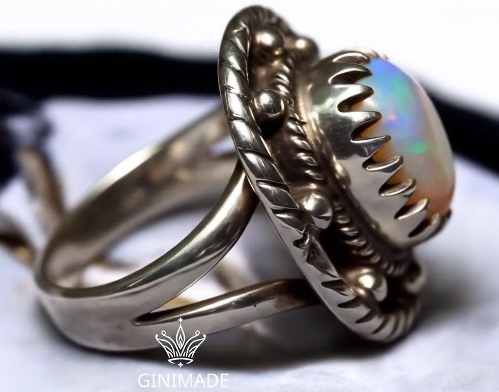 Bold Fire Opal Ring | Sterling Silver Vintage Boho Ring | Handmade Rainbow Opal Statement Jewelry for Her