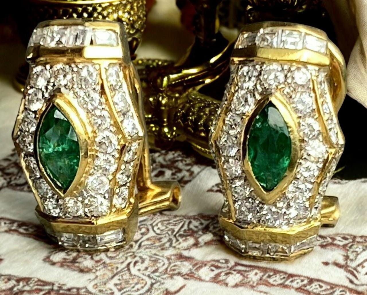 Vintage Emerald and Lab Diamond Earrings | 925 Sterling Silver Gold Plated Jewelry"