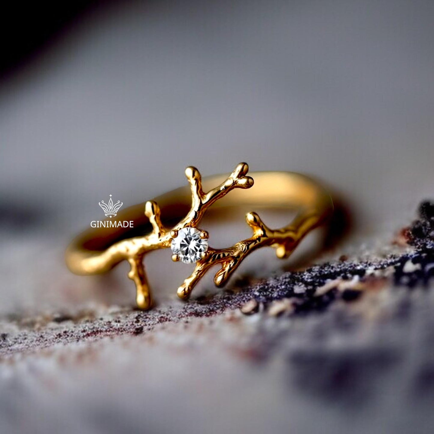 Gold Twig Branch Ring with CZ Diamond | Nature Inspired Gold Plated Band | Woodland Engagement Ring | Dainty Tree Branch Jewelry Gift