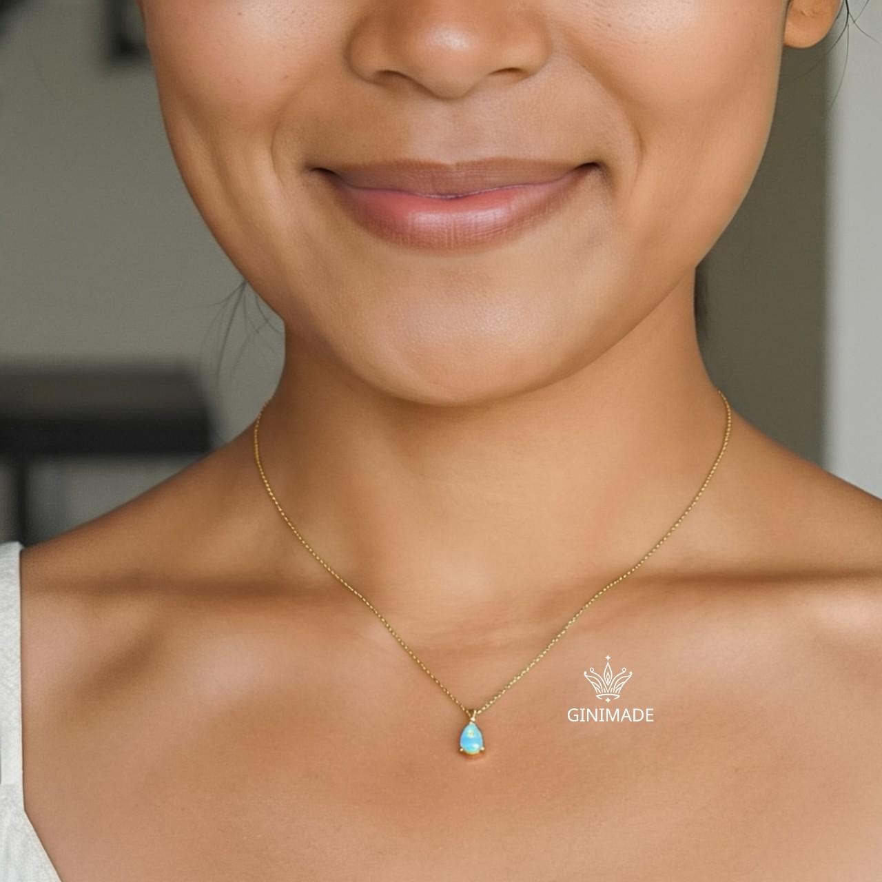 Tiny Opal Gold Necklace – Dainty October Birthstone Pear Pendant, Minimalist Opal Jewelry, Bridesmaid Gift, Birthday Gift for Her.