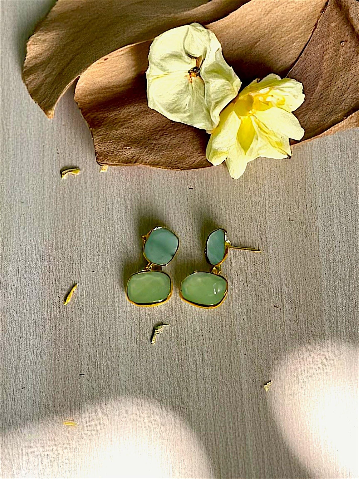 Green Gemstone Stud Earrings – Parrot Green & Aqua Stone Drops in 18k Gold Finish – Elegant Handmade Earrings for Women