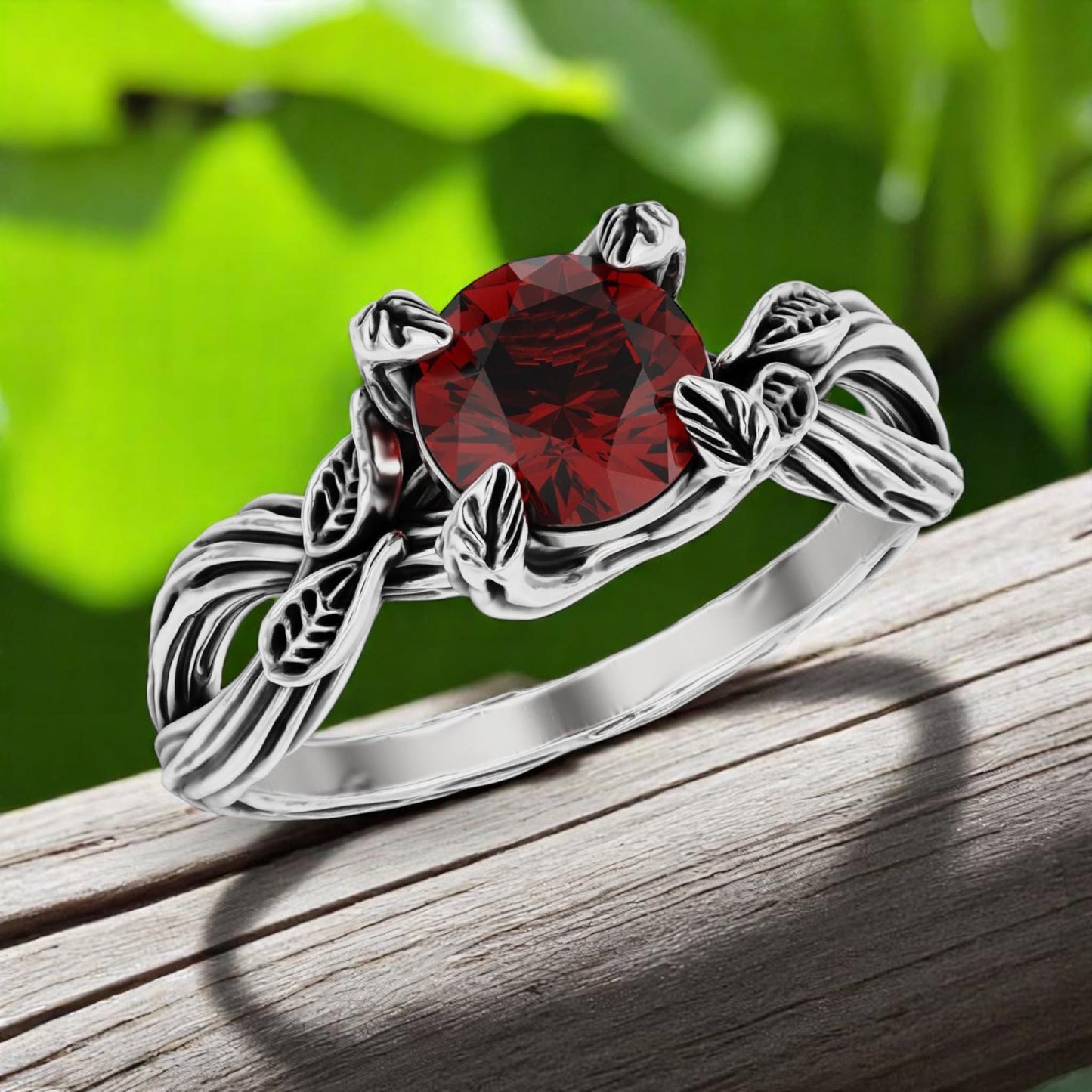 Hessonite Garnet Leaf Ring • 925 Sterling Silver Nature-Inspired Engagement Ring • Boho Woodland Gemstone Jewelry • Gothic Wedding Ring