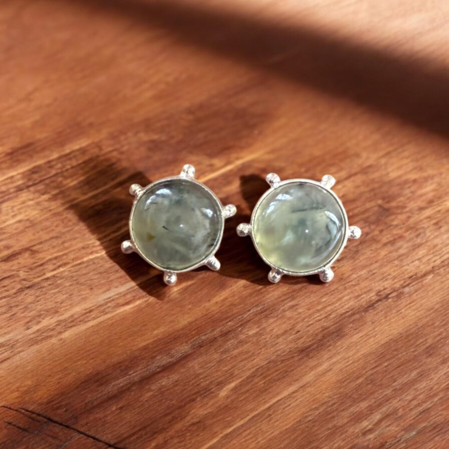 Moss Agate Brass Stud Earrings – Round Cabochon Silver Finish Earrings – Handmade Minimalist Gemstone Jewelry Gift for Her