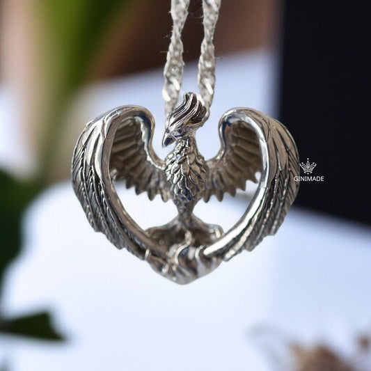 Phoenix Rising Pendant Necklace | Sterling Silver Phoenix with Golden Flames | Rebirth & Strength Jewelry | Gift for Him and her | GiniMade