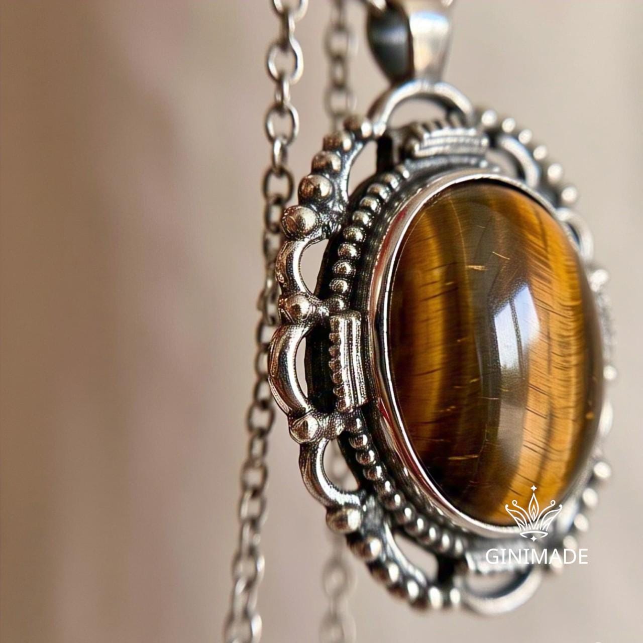 Handmade Boho Tiger Eye Pendant | Sterling Silver Gemstone Jewelry | Vintage Style Oval Necklace | Bohemian Statement Pendant