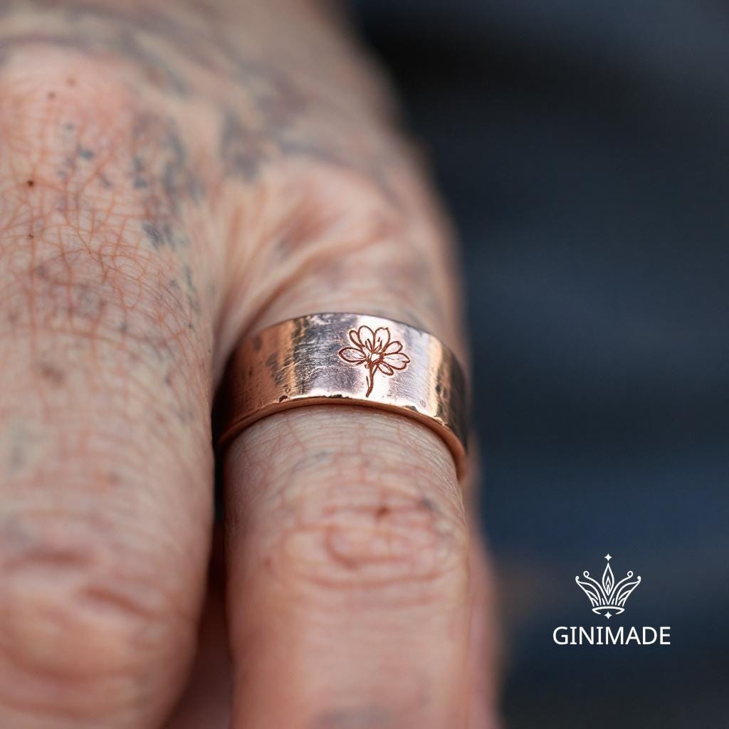 Custom Birth Flower Engraved Ring • Personalized Gold 8mm Wide Band Ring • Floral Birth Month Ring for Men and Women • Handmade Jewelry.