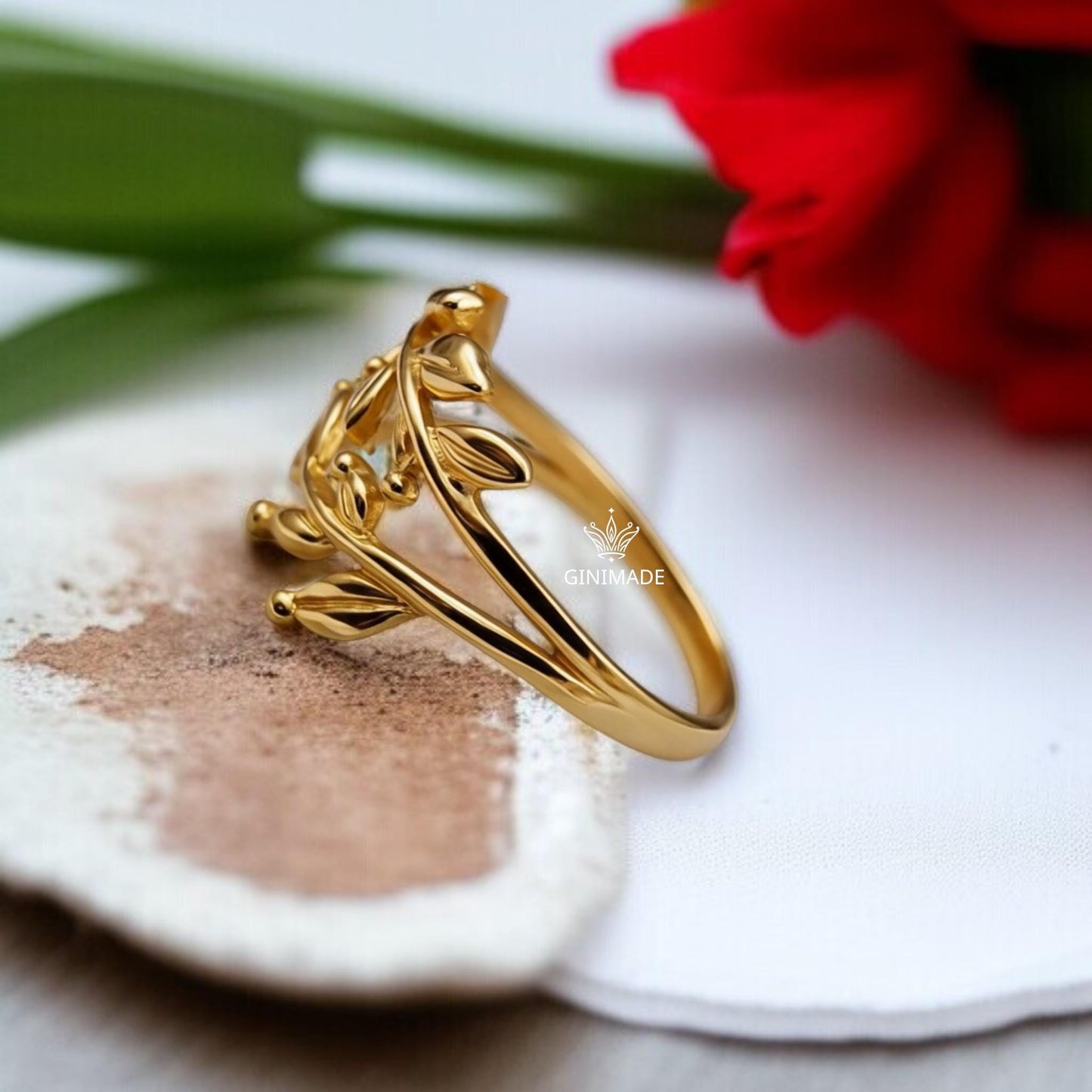 Gold Leaf Branch Ring for Women | Dainty Nature Ring | Shiny Gold Plated Vine Ring | Minimalist Botanical Jewelry Gift