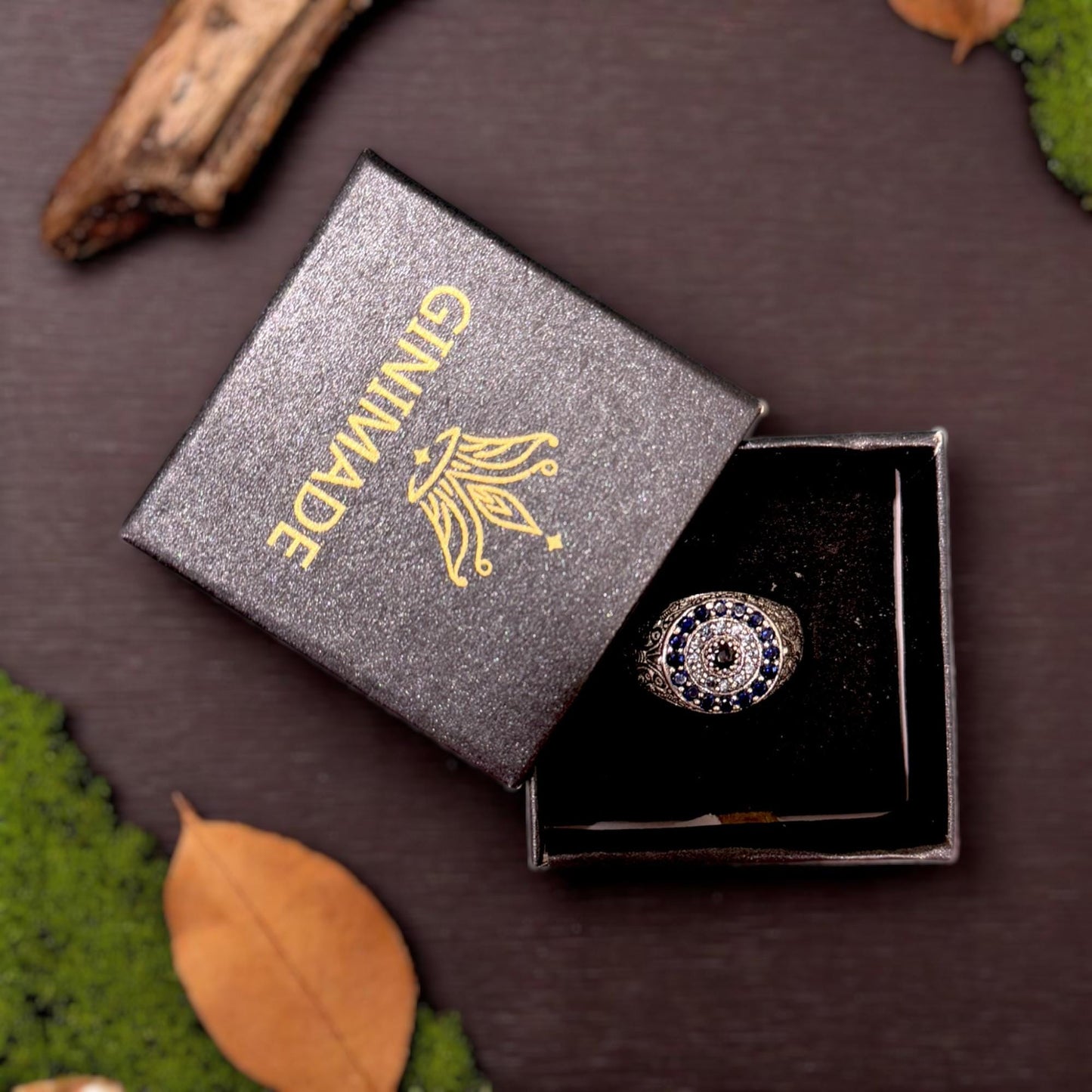 Boho Vintage-Inspired Men's Silver Ring – Ornate Signet with Blue & White CZ, A Timeless Piece Echoing Ancient Craft.