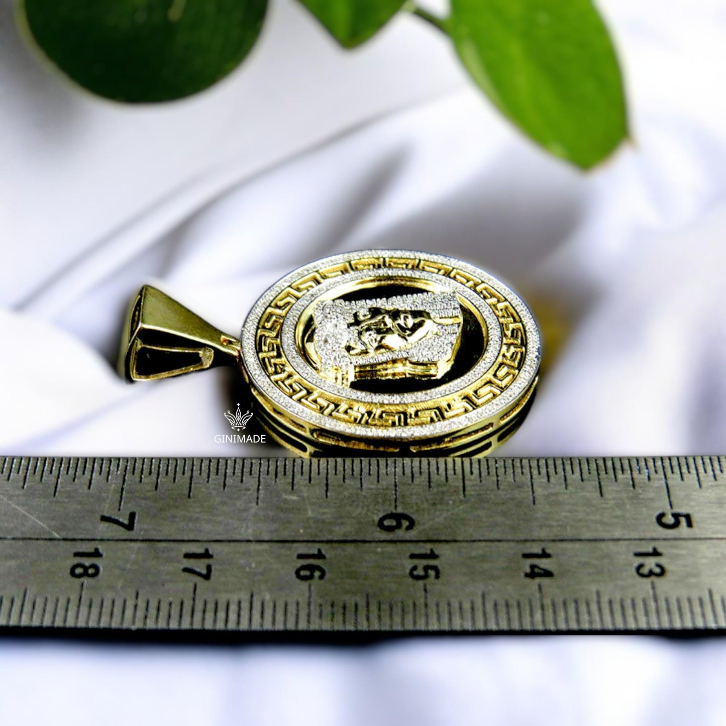 Gold Jesus Face Medallion Pendant – Iced Out CZ Religious Necklace – Hip Hop Bling Jesus Charm – Greek Key Border – Statement Faith Jewelry