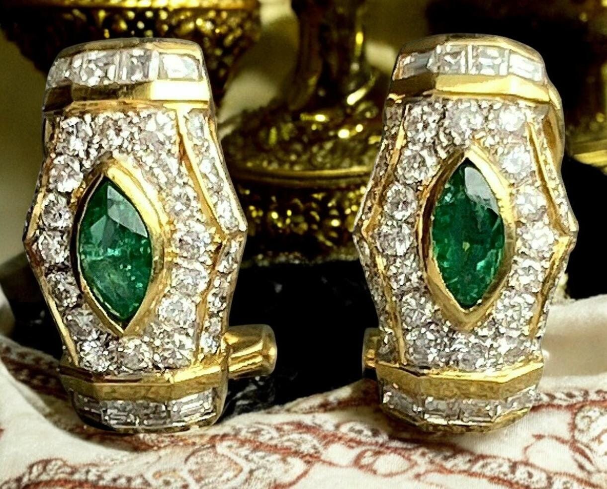 Vintage Emerald and Lab Diamond Earrings | 925 Sterling Silver Gold Plated Jewelry"