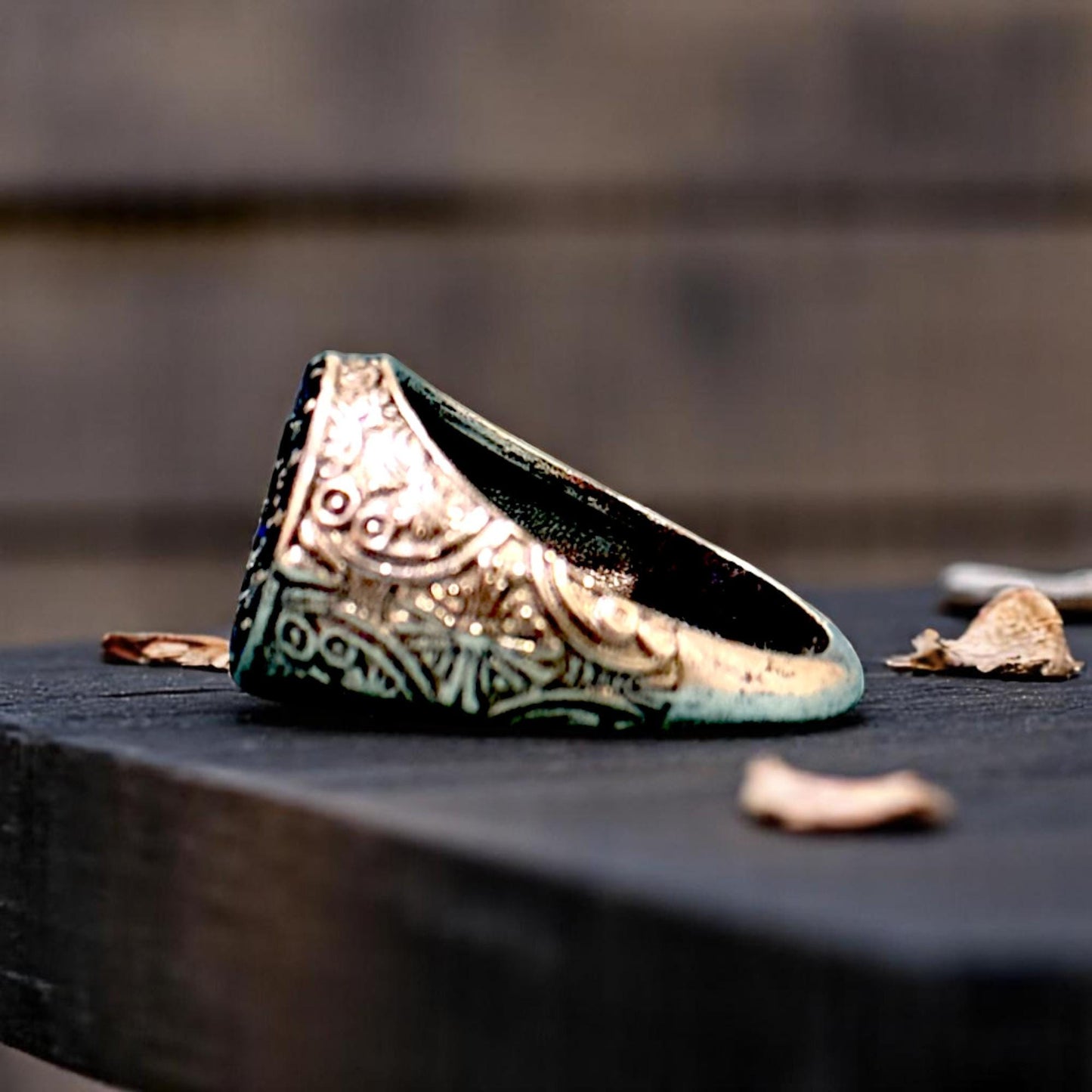 Boho Vintage-Inspired Men's Silver Ring – Ornate Signet with Blue & White CZ, A Timeless Piece Echoing Ancient Craft.