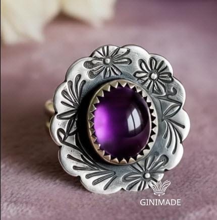 Nature Inspired Amethyst Ring by Ginimade – Bold Floral Gem Jewelry in 925 Silver