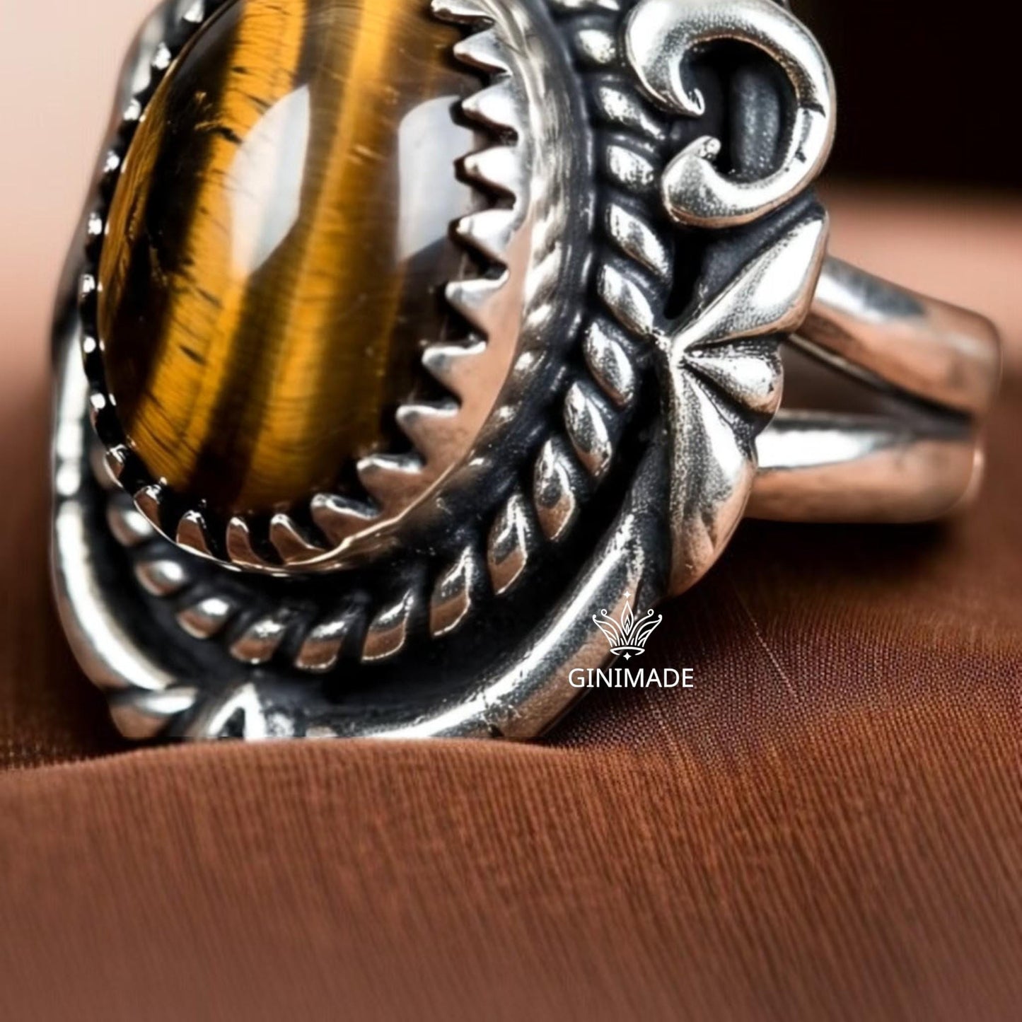 Tiger Eye Statement Ring – Bold Sterling Silver Gemstone Ring – Boho Vintage Tribal Jewelry – Handmade Ginimade Ring