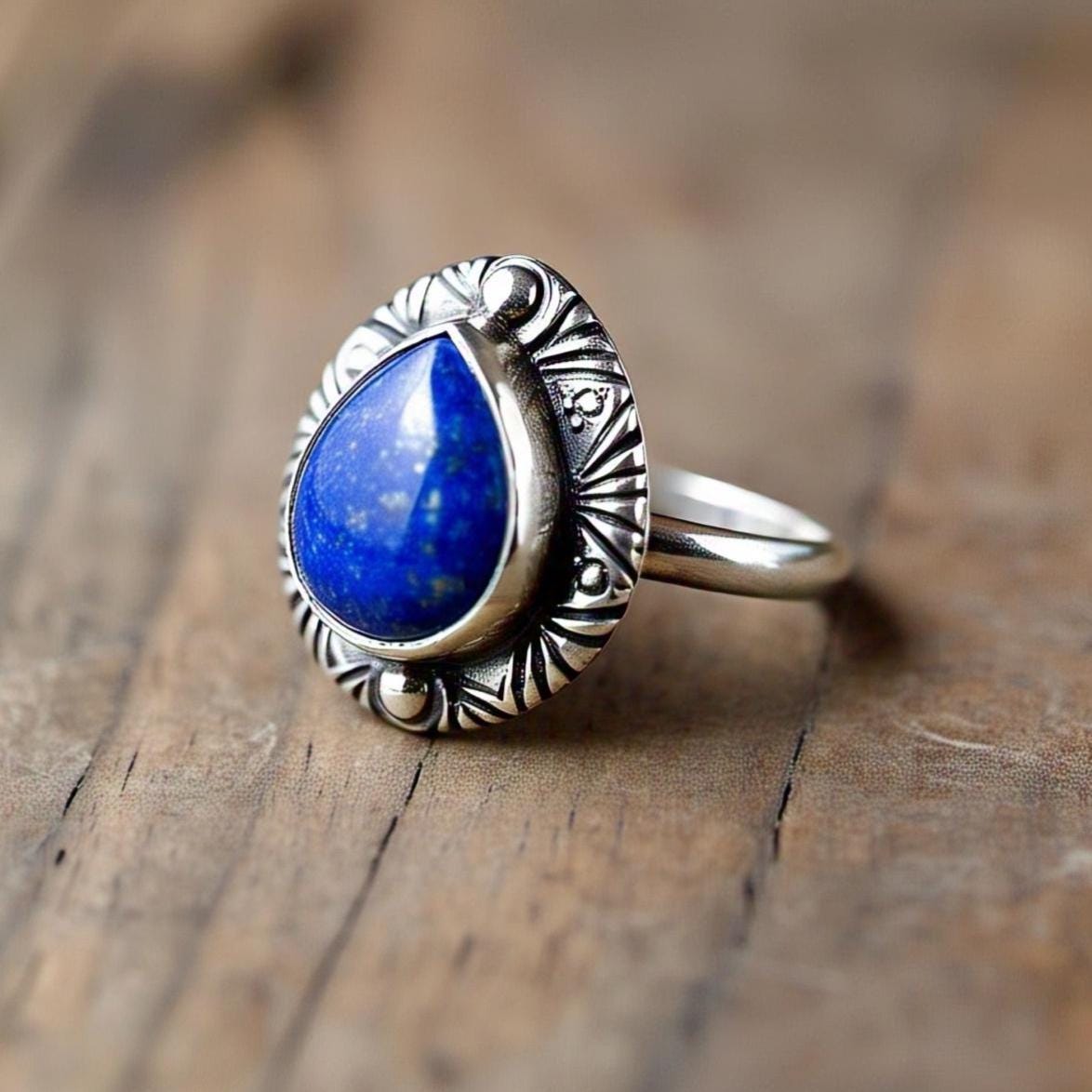 Lapis Lazuli Ring – Pear Gemstone in 925 Sterling Silver, Boho Natural Vintage-Inspired Bohemian Jewelry, Handmade Statement Gift for Her