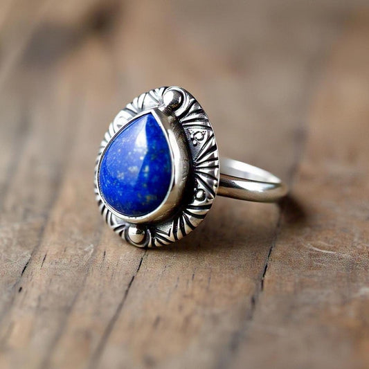 Lapis Lazuli Ring – Pear Gemstone in 925 Sterling Silver, Boho Natural Vintage-Inspired Bohemian Jewelry, Handmade Statement Gift for Her