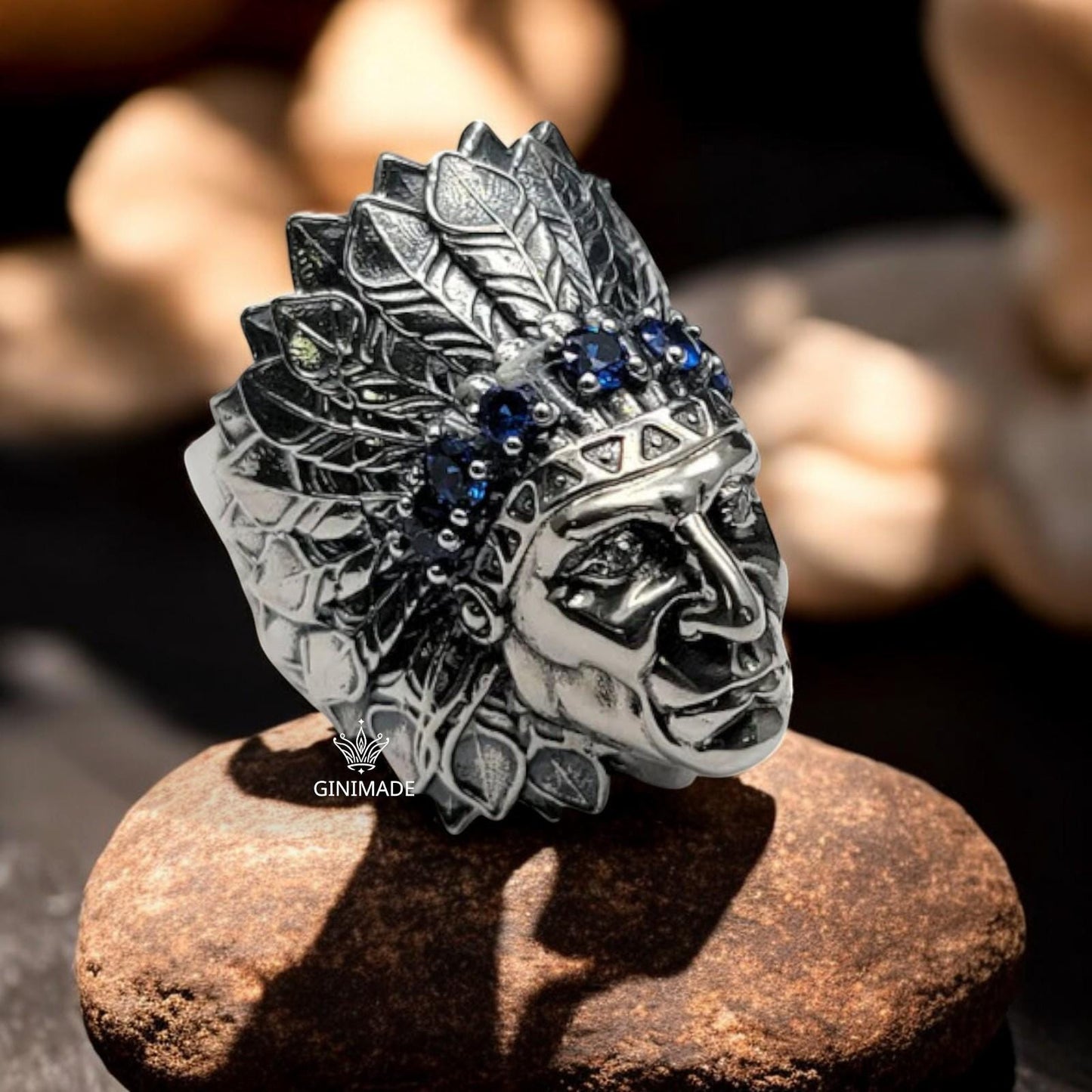 Tribal Chief Ring | 925 Sterling Silver Warrior Band | Bold Men's Statement Ring | Emerald CZ Crown | Handmade Father's Day Gift