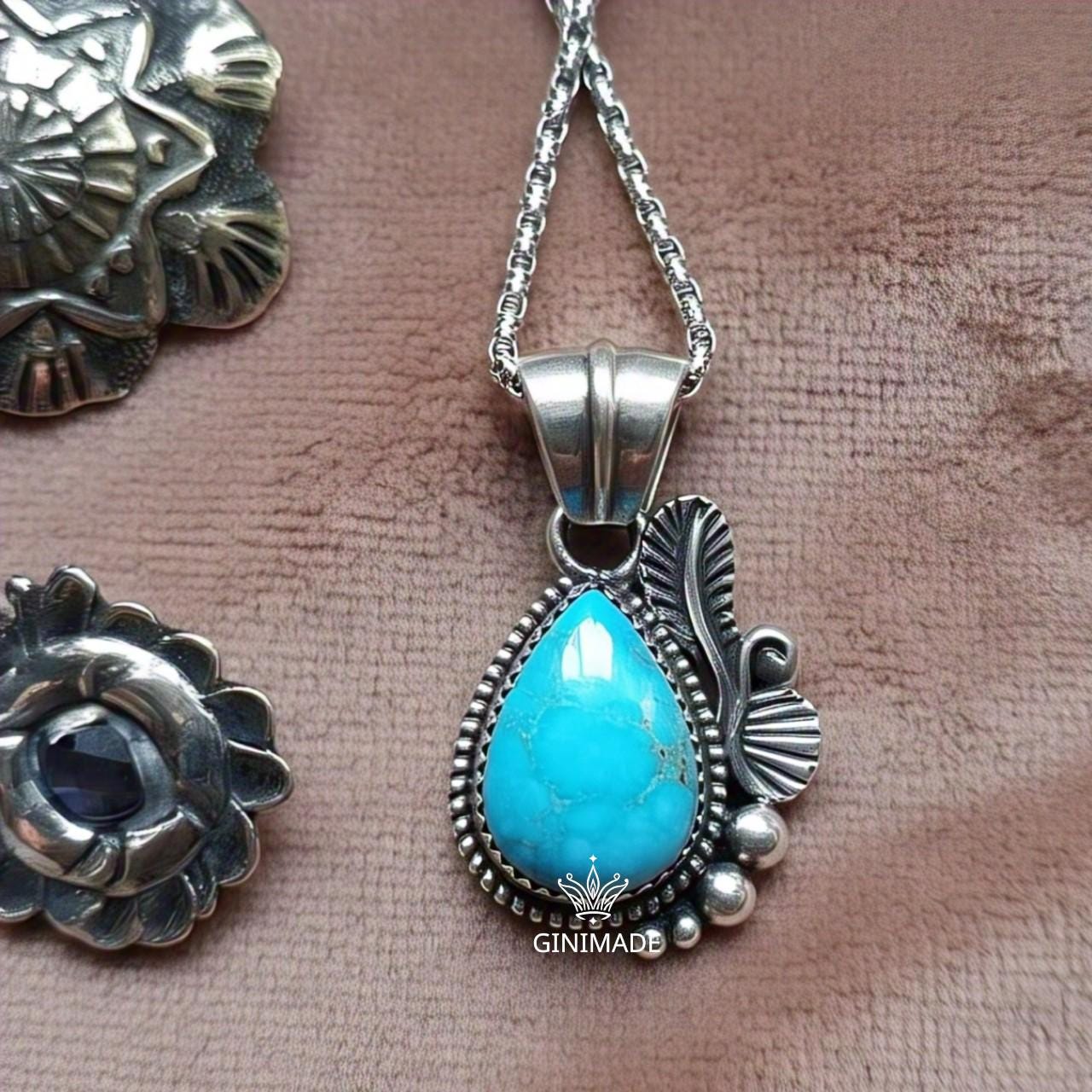 Copper turquoise Pendant Pear – 925 Sterling Silver Boho Necklace, Natural Gemstone Jewelry, Handmade Vintage Gift for Her