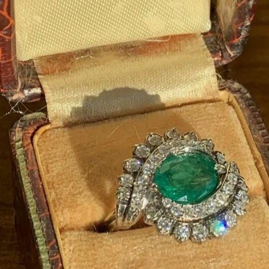 Luxury Natural Emerald Ring, CZ Diamond Accent, 925 Sterling