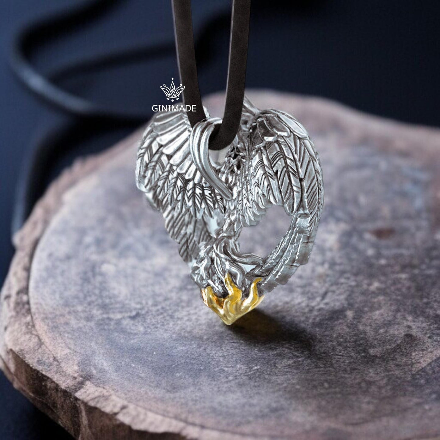 Phoenix Rising Pendant Necklace | Sterling Silver Phoenix with Golden Flames | Rebirth & Strength Jewelry | Gift for Him and her | GiniMade