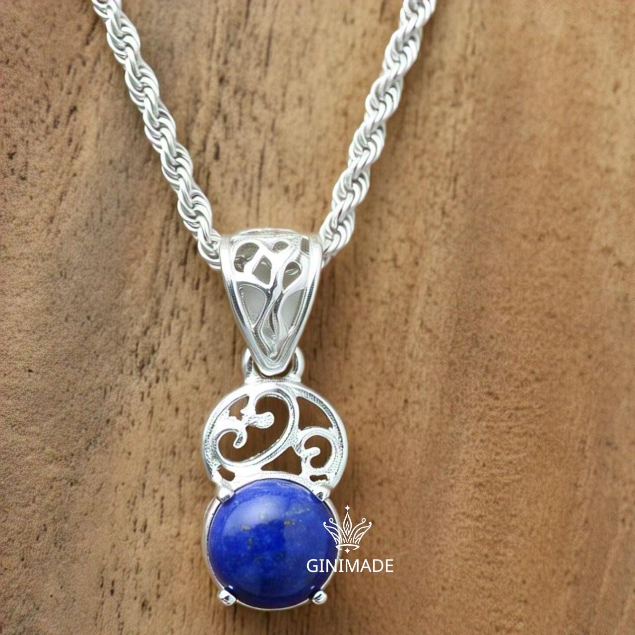 Lapis Lazuli Pendant Necklace – Vintage Boho Silver Filigree Jewelry – Handmade Blue Gemstone Charm – Statement Necklace for Women.