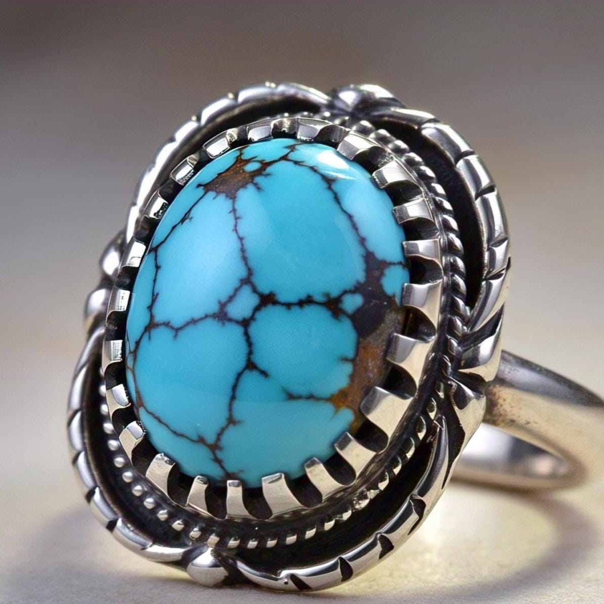 Copper turquoise Rings 925 Sterling Silver – Boho Oval Gemstone Ring with CZ Accents, Vintage Bohemian Jewelry