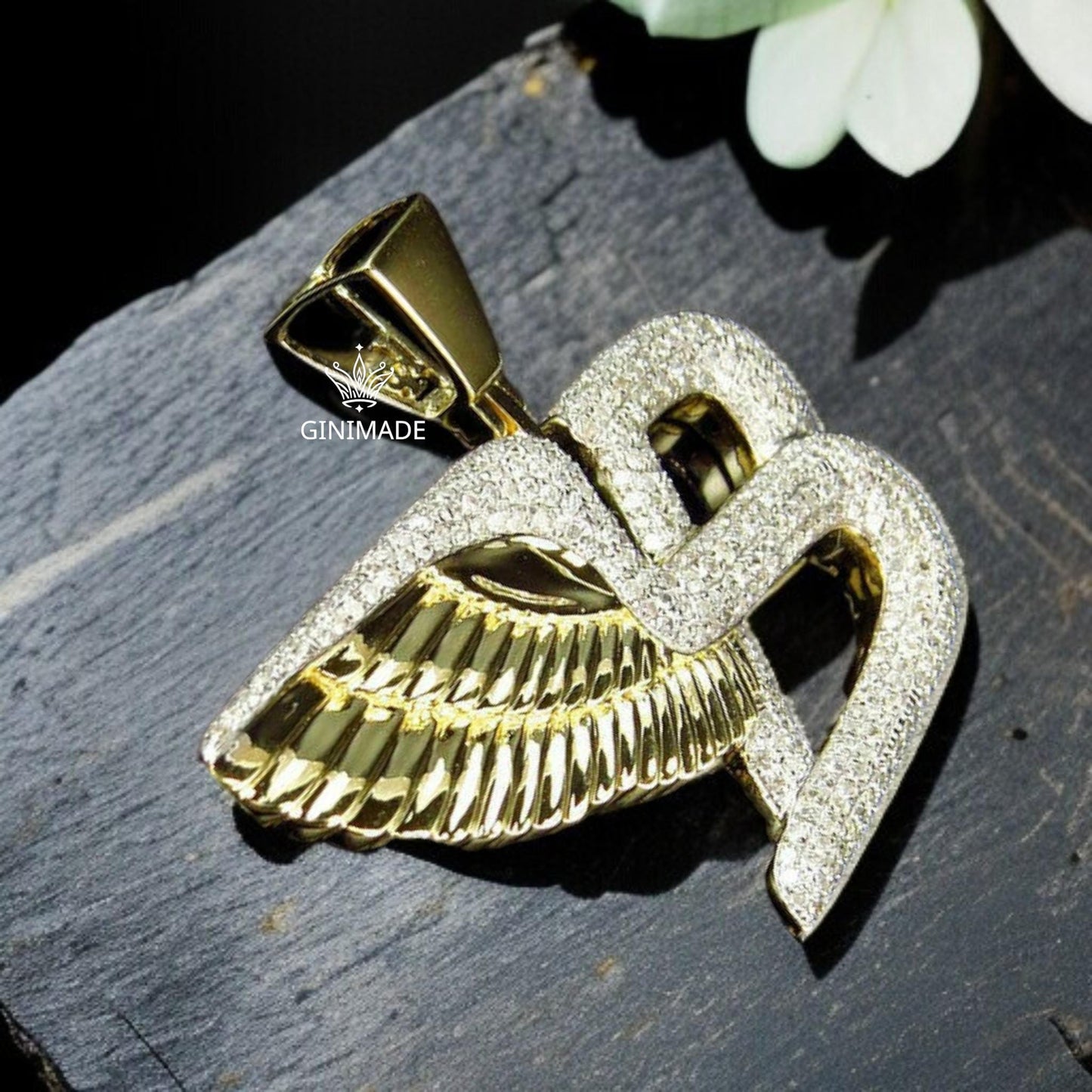 Custom Gold Initial B Pendant with Angel Wing – Iced Out Letter Charm Necklace for Men & Women.