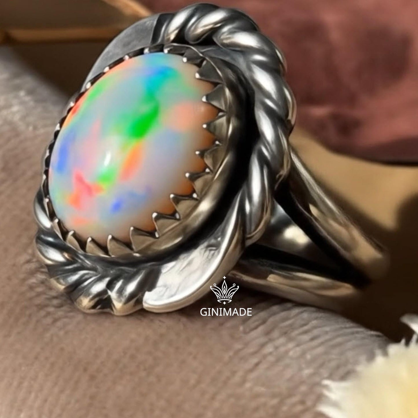 Vintage Fire Opal Ring | Sterling Silver Twisted Rope Design | Oval Rainbow Opal Statement Ring | October Birthstone Jewelry