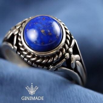 Vintage Boho Lapis Ring – Handmade Natural Blue Gemstone in 925 Silver – Unique Statement Gift