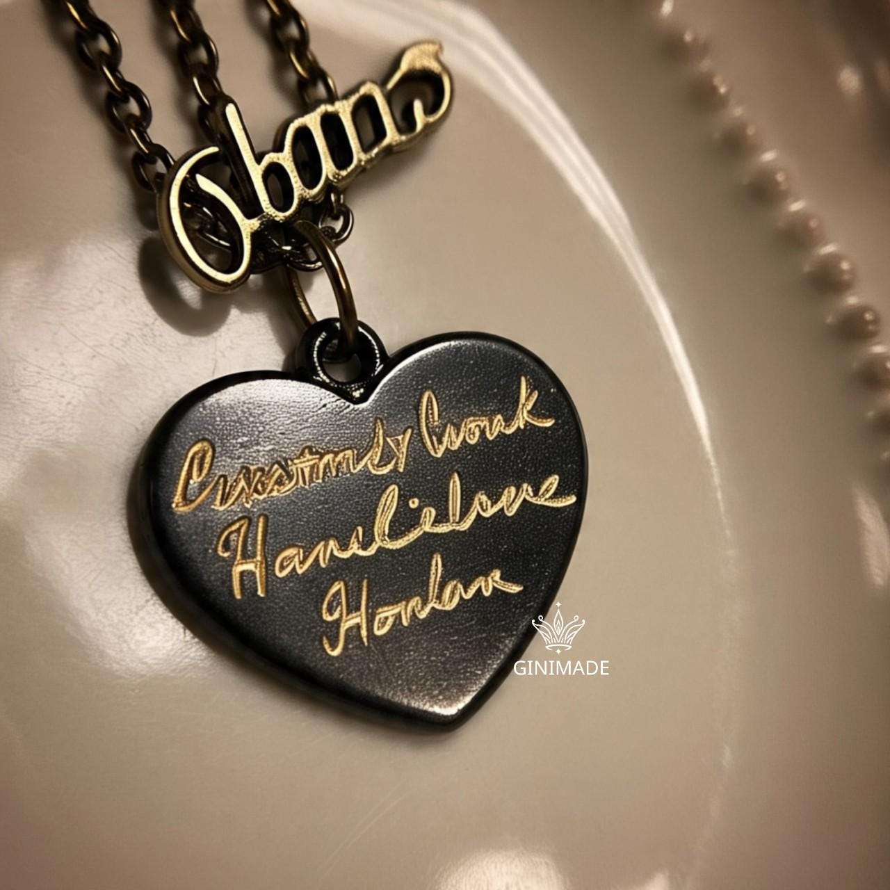 Custom Handwriting Heart Necklace – Black Oxidized Memorial Jewelry, Your Signature Engraved, Brass Heart Pendant –Personalized Couple Gift.