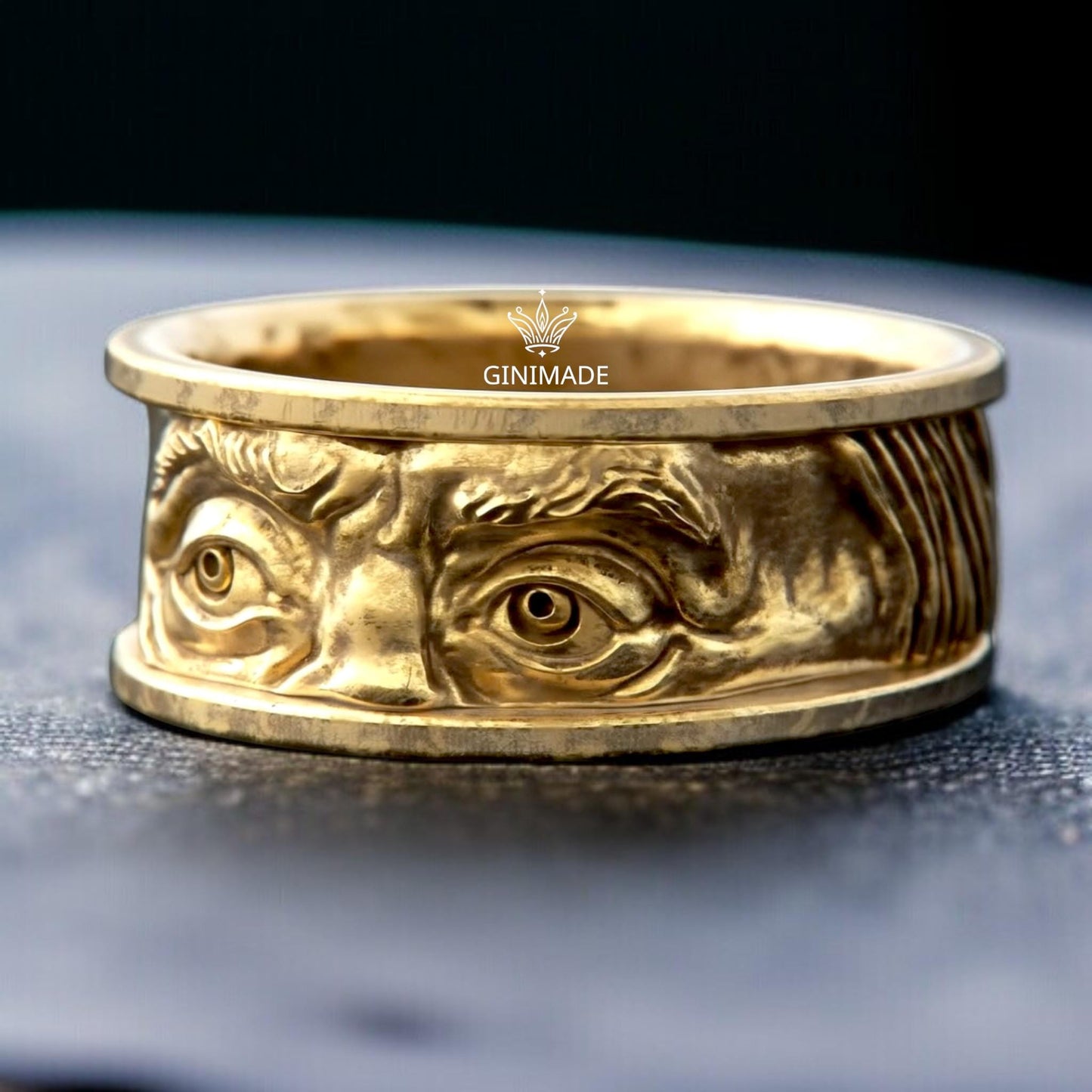 Franklin Eyes Ring | Bold Gold Face Ring | Handmade Sculpted Eye Band | GINIMADE Statement Jewelry | Gothic Men's Ring | Unique Artisan Ring