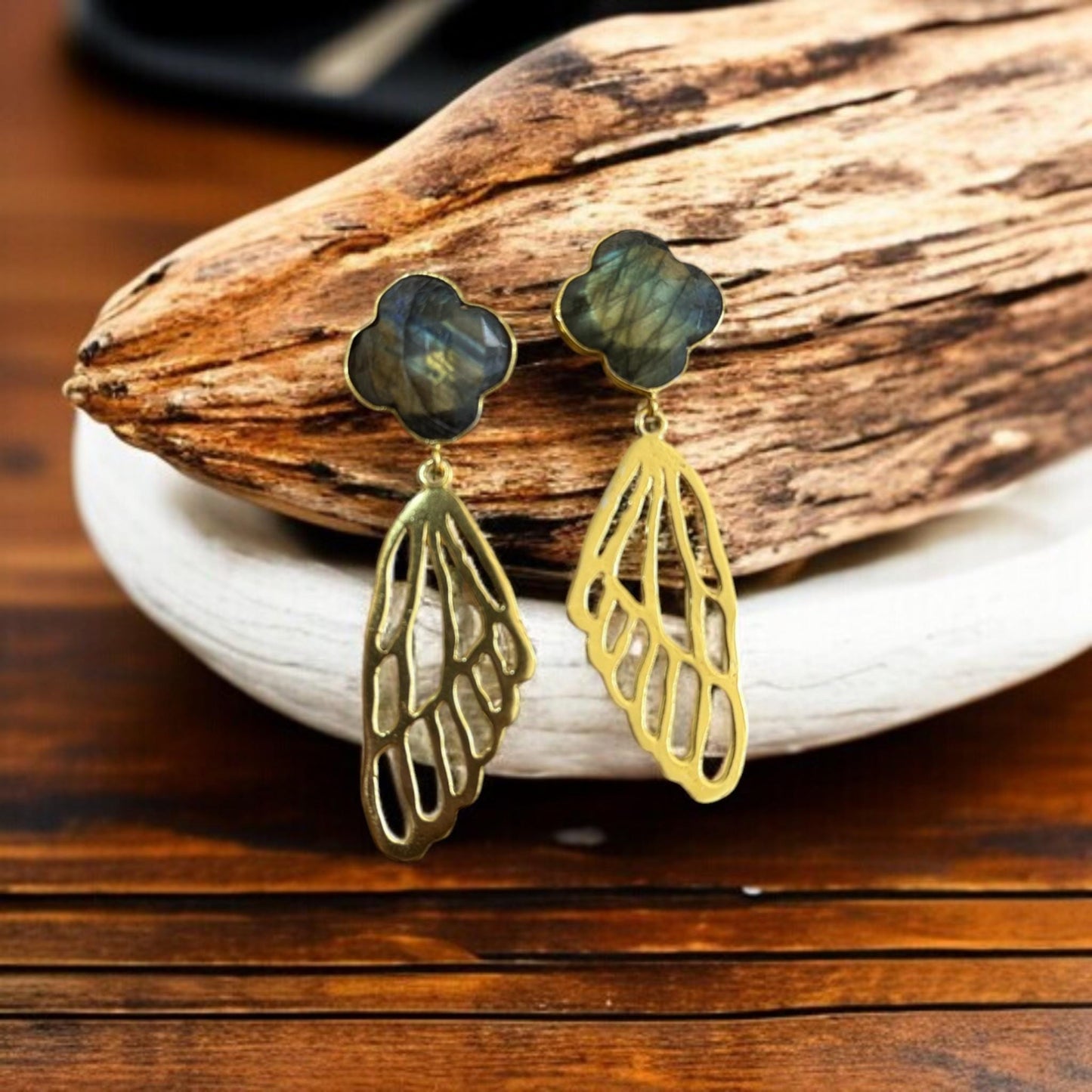 Labradorite Brass Butterfly Wing Earrings – Handmade Gold Plated Statement Dangle Earrings – Nature Inspired Boho Jewelry Gift for Her.
