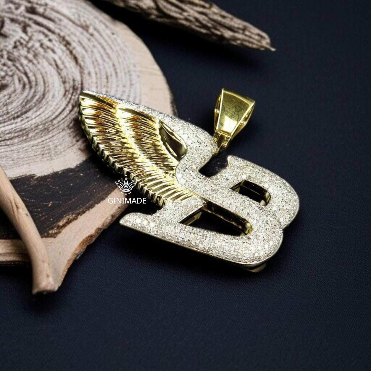 Custom Gold Initial B Pendant with Angel Wing – Iced Out Letter Charm Necklace for Men & Women.