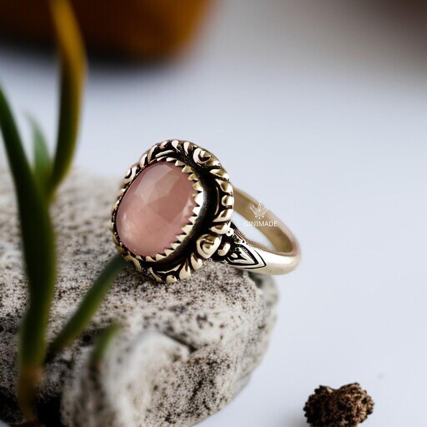 Boho Rose Quartz Ring – 925 Sterling Silver, Cushion‑Cut Pink Gemstone, Minimalist Statement