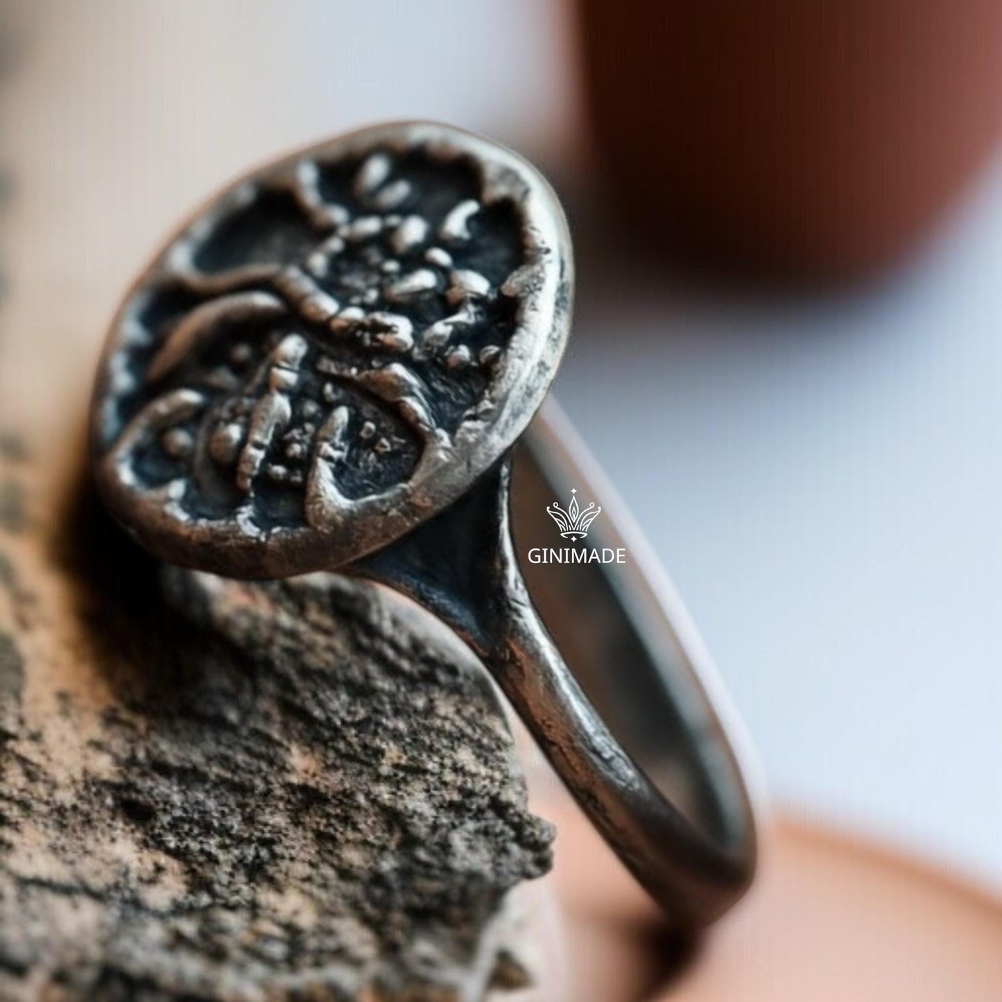 Unique Silver Ring – Handmade Rustic Botanical Ring – One of a Kind Oxidized Flower Ring – Artisan Round Nature Ring by Ginimade