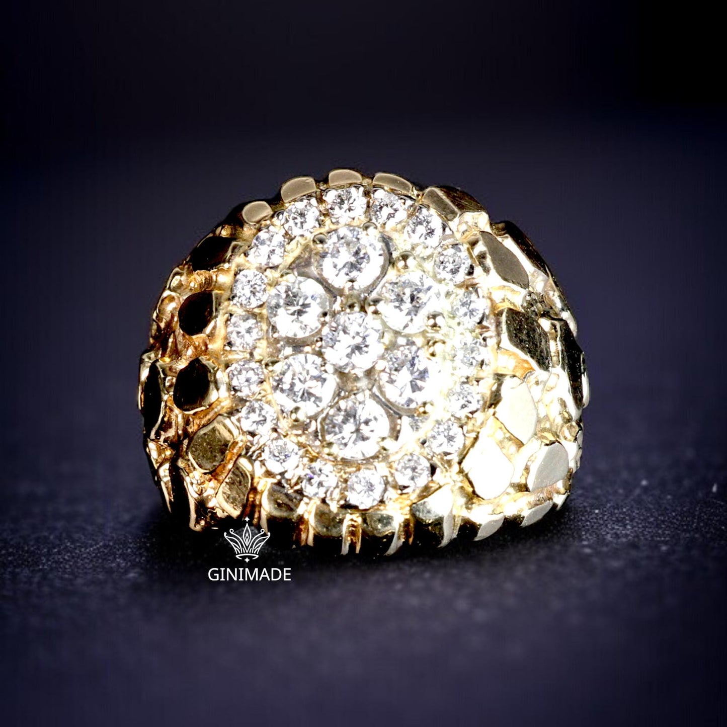 Gold Nugget CZ Ring – Oval Cluster Statement Ring for Men – 18K Gold Plated Hip Hop Bling Ring – Vintage Style Iced Out Ring by Ginimade