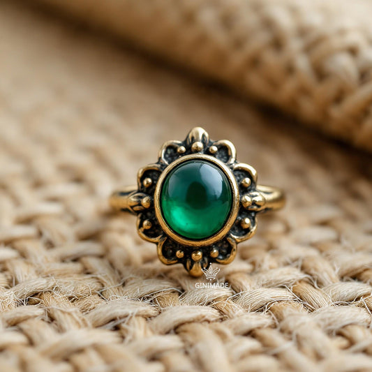 Vintage Emerald Ring – Natural Green Stone in 925 Silver – Boho Engagement or Promise Ring