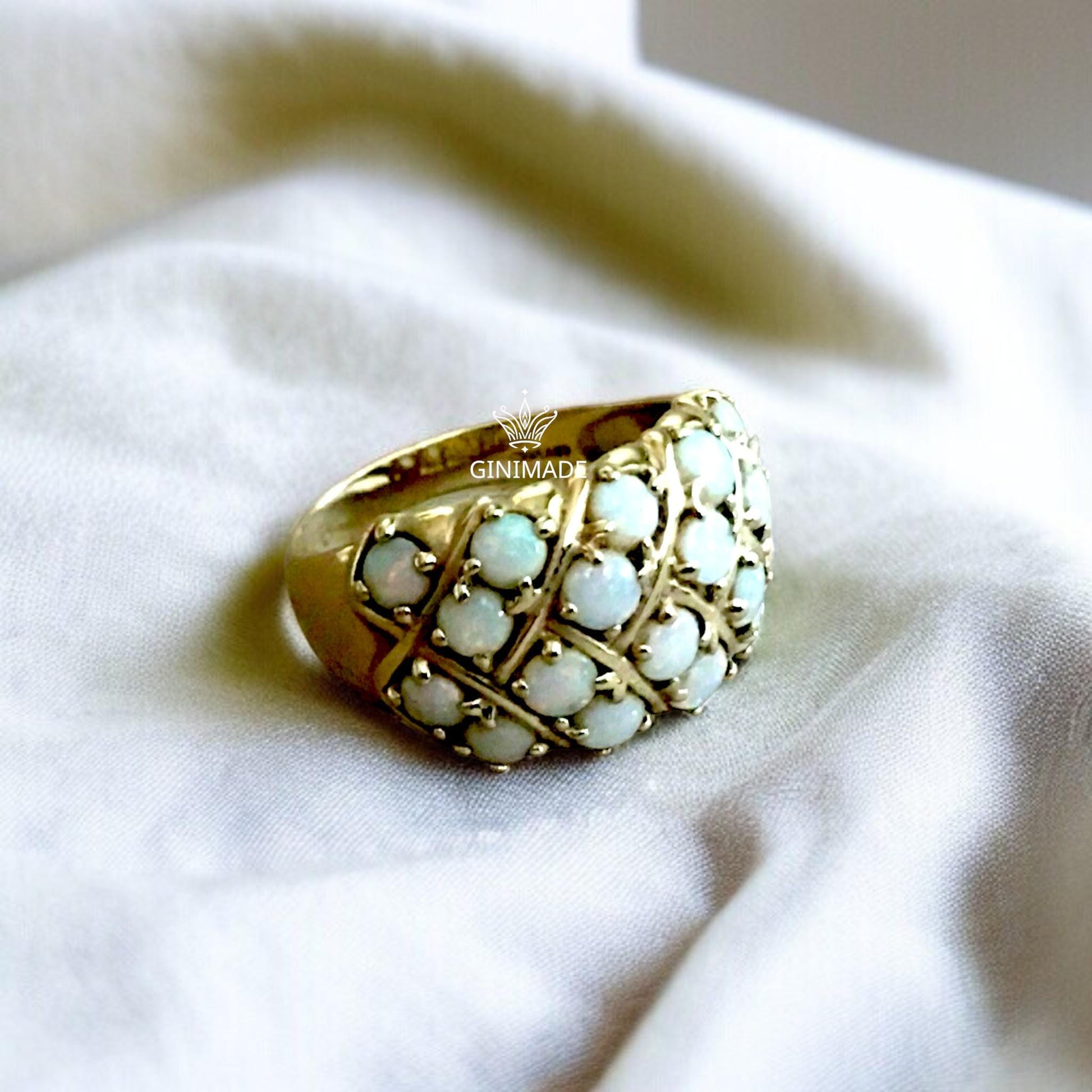 Vintage Opal Cluster Ring Gold Plated | Retro Dome Cocktail Ring for Women | October Birthstone Statement Jewelry | 295 silver Opal Ring.