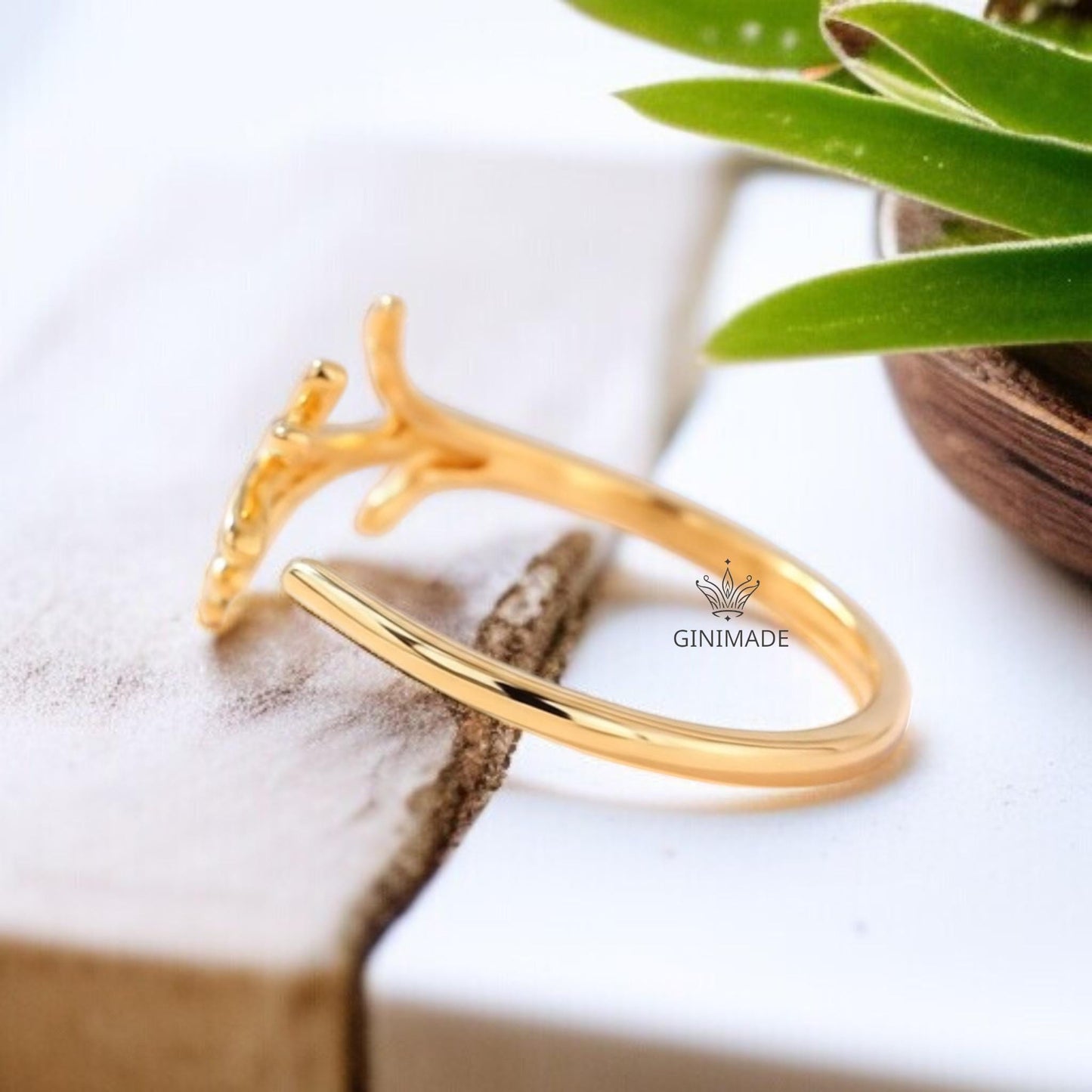 Adjustable Gold Leaf Branch Ring | Dainty Nature Inspired Ring for Women | Minimalist Botanical Jewelry Gift | Gold Plated Twig Ring