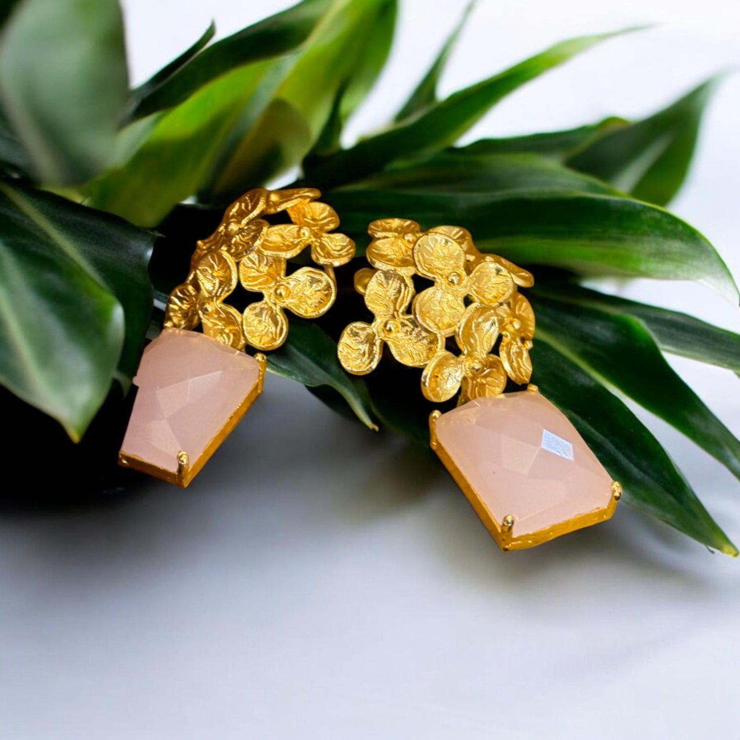 Handmade Floral Brass Earrings with Pink Chalcedony | Gold Plated Statement Dangle Earrings | Boho Wedding Jewelry | Gift for Her
