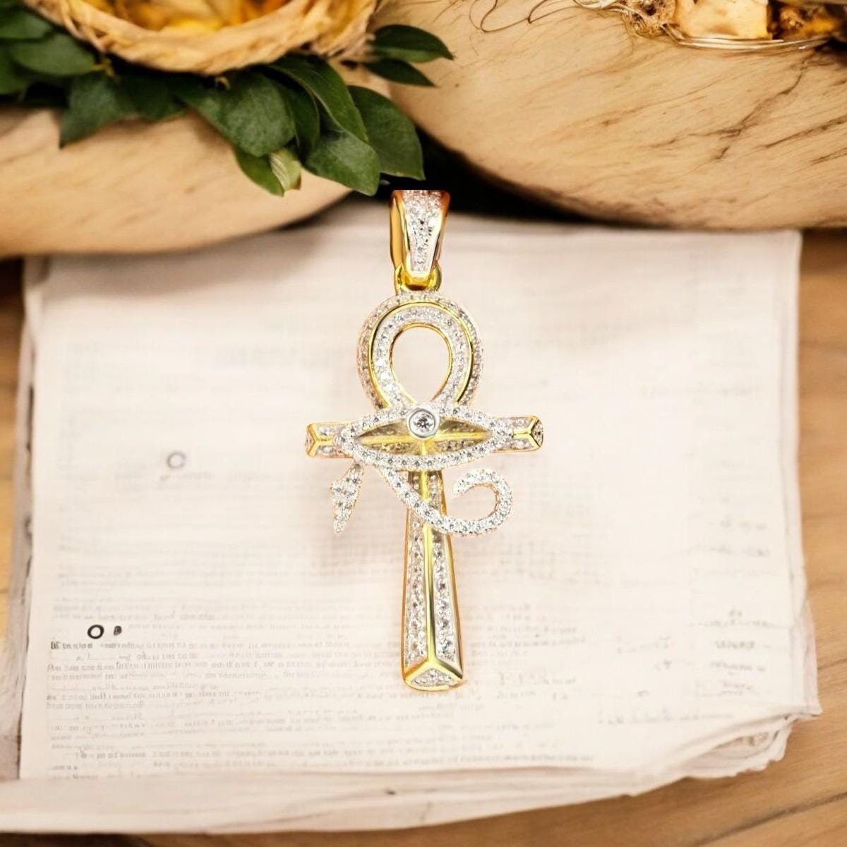 Ankh Cross Necklace • Eye of Horus Pendant • 925 Sterling Silver with CZ Stones • Gold Plated Minimalist Jewelry